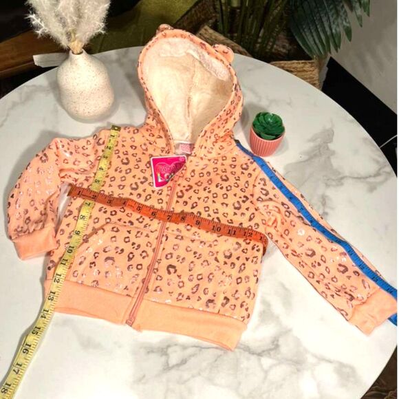 Girls Leopard Print Zip Hoodie Sherpa Lined Peach Pink Jacket Size 2T - Picture 9 of 14